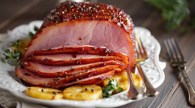 Glazed holiday ham slices with pineapple and parsley garnish