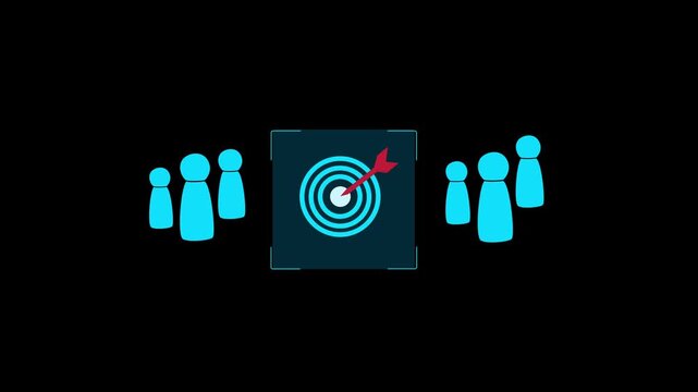 Teamwork and business goal achievement. A bullseye and arrow icon is placed to symbolize goal setting, business strategy, leadership, and teamwork on the black background 4k video animation.