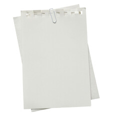 Set of blank torn notebook paper sheets with white paperclip. Empty textured note pages mockups...