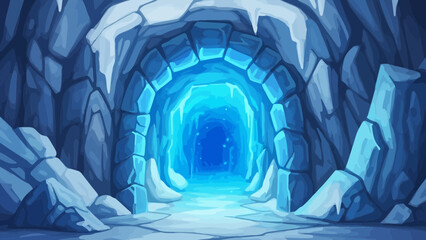 Icy Cave Entrance: A mystical cave entrance glows with ethereal light, promising adventure, shrouded in a frosty wonderland.