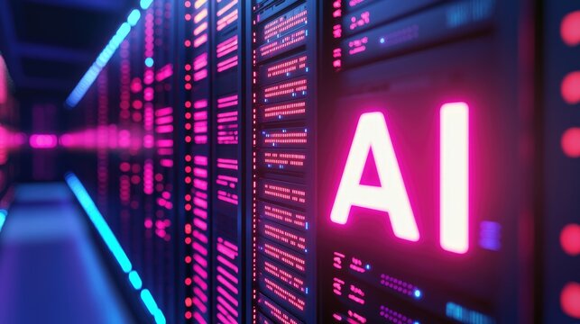 Bright neon AI lettering on futuristic server racks with glowing pink and blue lights, ideal for IT presentations, digital marketing layouts, and modern high tech background designs