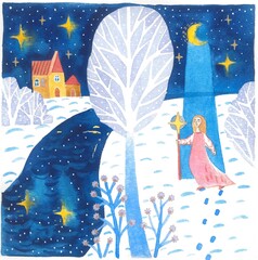 Watercolor illustration, angel walking into town.