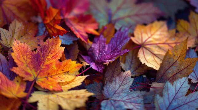 Vibrant autumn maple leaves with water droplets on forest floor