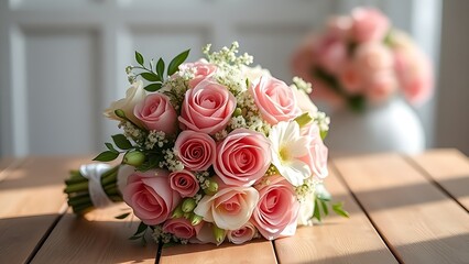 vows. An elegant wedding bouquet of pink and white flowers arranged on a wooden surface. gardening catalogs, home-decor guides, designed for home decor and floral branding, used by art directors.