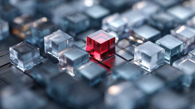 Red cube anomaly among uniform transparent cube in digital grid representing anomaly detection and outlier identification.