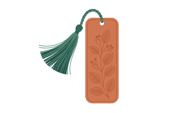 Illustration of a bookmark with a green tassel and leaf design on a pure