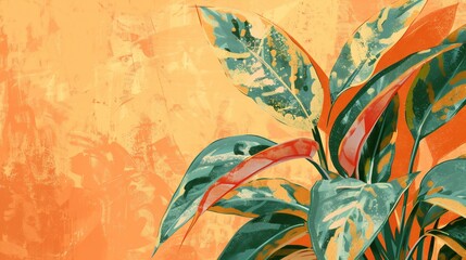Vibrant tropical plant against a textured background.  Large leaves in shades of green, red, and orange on a warm, orange-peach wall
