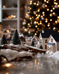 Fototapeta premium A picturesque winter village scene adorned with miniature houses and trees covered in snow, illuminated by soft, twinkling lights creating a cozy atmosphere.