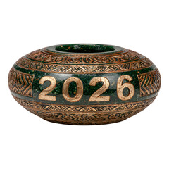 Ornate antique style green ceramic vessel featuring the year 2026 in bold gold lettering on black on transparent background