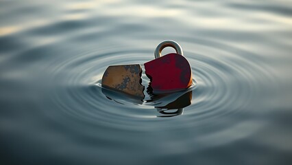millenary. A broken heart-shaped lock floating on calm water, split in two pieces in soft morning light. wellbeing guides, coaching materials, designed for coaching and self-improvement content.