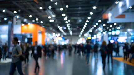 A blurred scene of a bustling trade fair or expo, with large crowds exploring booths and product displays.