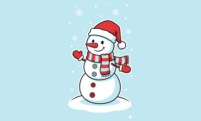 Cartoon Snowman with Santa Hat Illustration – Red Mittens, Striped Scarf, and Snowflake Background for Winter or Holiday Design Assets