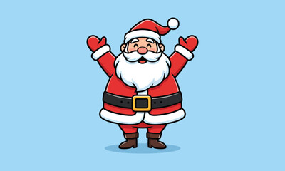 Cartoon Santa Claus Illustration – Red Suit, Raised Arms, Cheerful Expression, and Light Blue Background for Holiday or Christmas Design Assets
