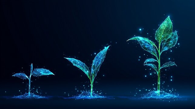 Three glowing plant sprouts at different growth stages over dark background symbolizing business transformation, growth stage and digital renewal.