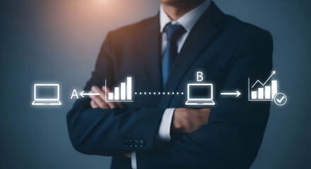 Businessman overseeing digital transformation and data migration process from system a to system b resulting in verified business growth and success metrics