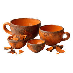 Rustic orange glazed ceramic cups and broken shards represent fragility and ancient pottery craftsmanship on transparent background
