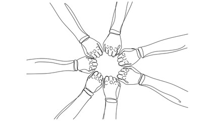 Minimalist continuous line art drawing of multiple hands together symbolizing unity