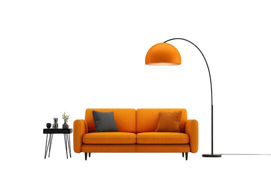 Vibrant orange two-seater sofa with accent pillows, modern arc floor lamp and minimalist side table isolated on transparent background