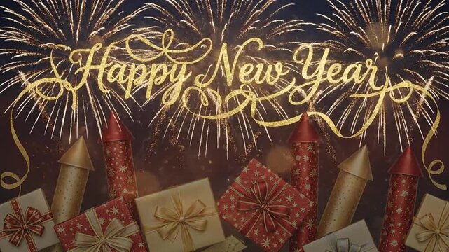 Festive new year celebration with golden glitter, fireworks, and gift boxes