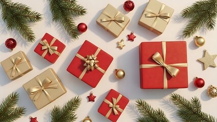 Christmas Gift Boxes with Ribbons and Decorations &ndash; Festive Holiday Flat Lay Background