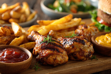 Enjoy this delectable scene showcasing golden crispy chicken legs, potato wedges, and a succulent burger with fries. Bright dips enhance the colorful and welcoming atmosphere, ideal for culinary