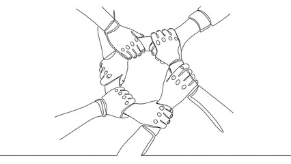 Continuous line art illustration of multiple hands linked together in a circle, symbolizing unity and teamwork