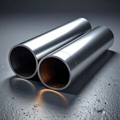Fototapeta premium Two polished, cylindrical metal tubes, resting on a dark gray surface. A subtle light highlights the tubes' reflective surfaces, showcasing their smooth texture