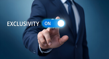 Businessman activates exclusivity feature on a digital interface demonstrating control over premium access and selective marketing strategies in a corporate setting