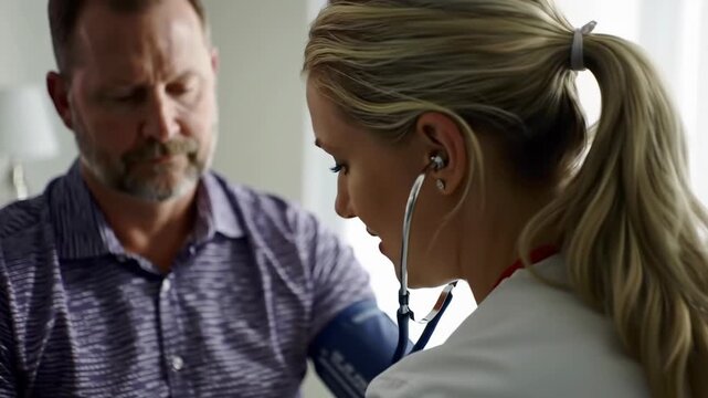 Blond female doctor in white uniform checking a middle-aged male patient's blood pressure with cuff and stethoscope in a bright indoor setting.