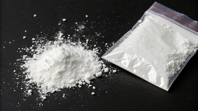 Plastic packet, two lines and pile of cocaine on black background