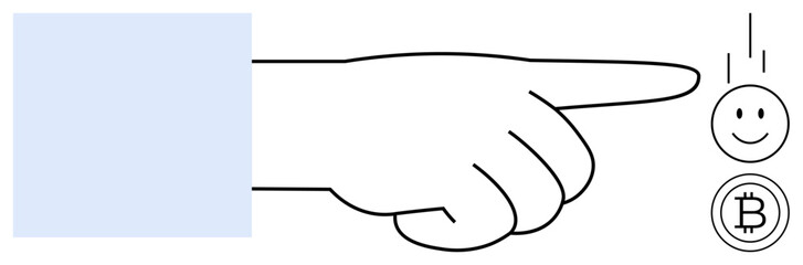 Bitcoin concept. A hand directs attention to a Bitcoin symbol and happy face, cryptocurrency and digital transactions. Bitcoin growth in finance, online payments, and blockchain innovation