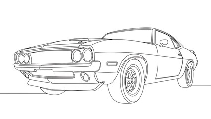 A detailed black and white outline drawing of a classic american muscle car, ideal for coloring