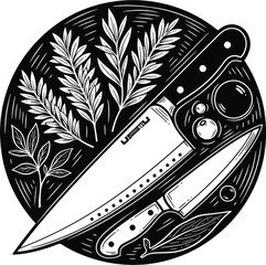 Culinary knives with herbs vintage engraving artwork