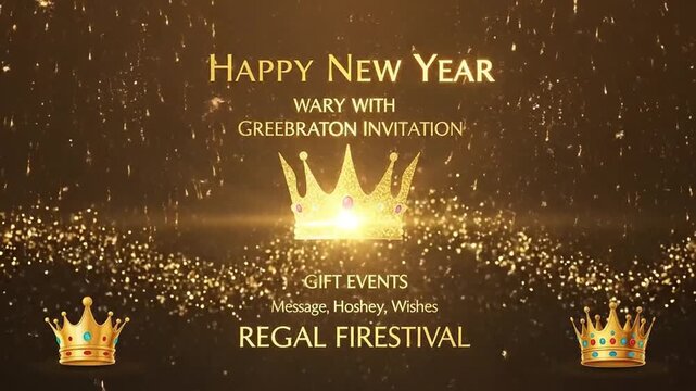 New Year Celebration with Golden Fireworks and Regal Crown, Festive Animated Invitation