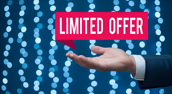 Businessman presenting a bright red limited offer banner against a dark blue background filled with vertical strings of glowing bokeh lights creating an exciting atmosphere for sales - Powered by Adobe