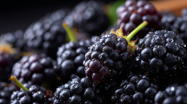 Macro photography of blackberries, emphasizing glossy, plump drupelets with intricate surface detail.