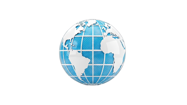 Digital Globe with Blue Oceans and White Continents Displayed on a Transparent Background with a Grid Overlay Representing Global Connectivity and Technology - Powered by Adobe