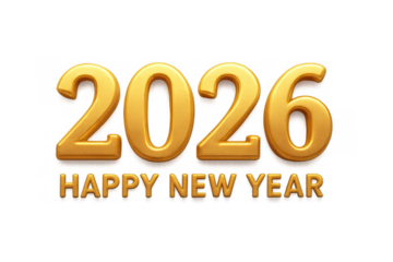 3d rendered golden numbers forming 2026 and happy new year text, isolated with transparent background