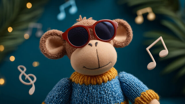 Festive winter monkey figurine dressed in a knitted sweater and sunglasses, animated with musical notes. A playful Christmas decoration and gift idea for kids.