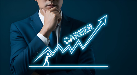 Thoughtful businessman in a blue suit contemplates a glowing neon graph illustrating upward career trajectory and professional growth against a dark background