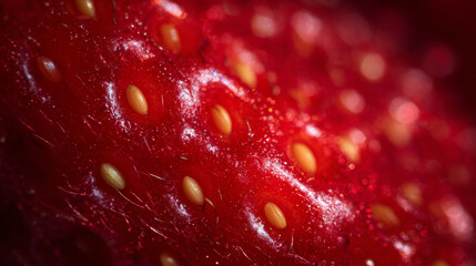Extreme close-up of a strawberry`s surface, revealing tiny seeds, delicate textures, and deep, vibrant red tones.