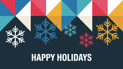 Modern geometric holiday greeting design featuring colorful triangular patterns, decorative snowflakes, and a bold Happy Holidays message on dark background © Mushtaq