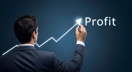 Businessman drawing an upward trending line culminating in the word profit on a dark blue digital screen symbolizing financial growth and successful strategy execution
