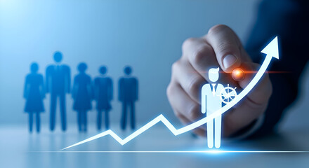 Businessman drawing an upward trending arrow over a team of stylized people icons symbolizing leadership driving human resources growth and corporate success