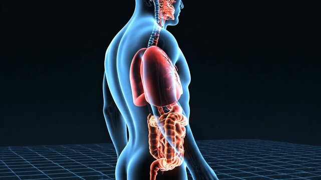 3D human anatomy illustration with a transparent body, highlighting respiratory and digestive systems on a dark background, designed as a sleek, high-detail 4K HD video