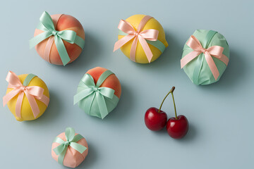 A collection of six pastel colored gifts wrapped with ribbons in peach, green, and pink hues, accompanied by two cherries, all arranged on a light blue background with subtle shadows