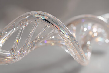 A super detailed 3D rendering of a translucent DNA double helix structure floating against a soft, blurred light background, representing genetics and human heredity research.