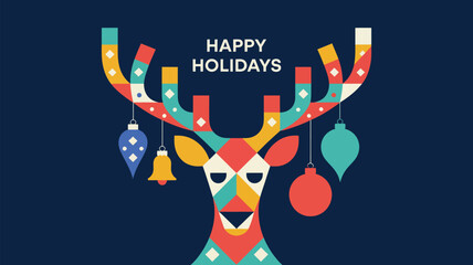 Colorful geometric reindeer holiday illustration with decorative ornaments, festive typography, and modern abstract design celebrating Happy Holidays © Mushtaq