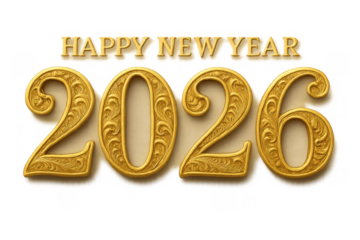 Happy new year 2026 numbers in ornate embossed gold lettering, creating a festive holiday greeting. Transparent background