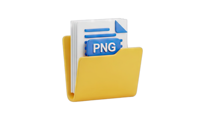Digital Illustration Of A Yellow Folder Containing Documents With Png File Icon Against A Transparent Background Symbolizing Digital Storage And Data Organization